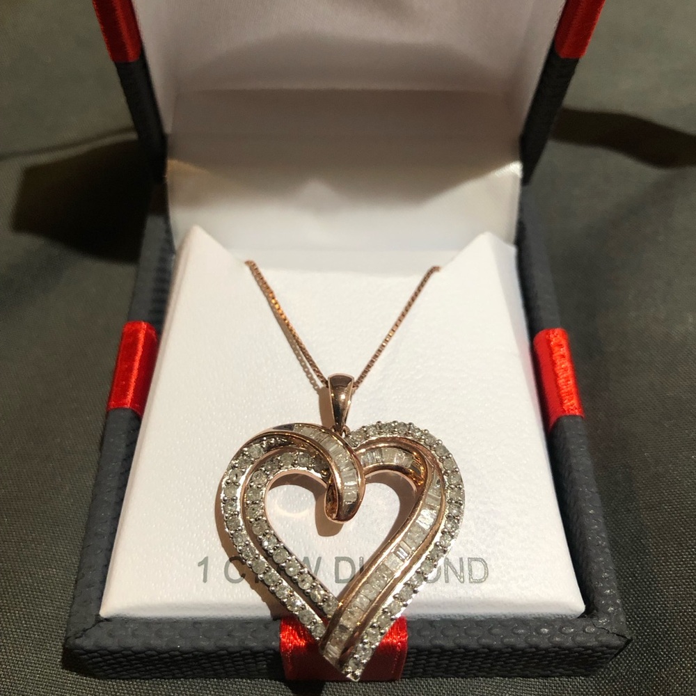 Women 1 CT TW Genuine white Diamond 14k Rose gold silver Heart pendant necklace